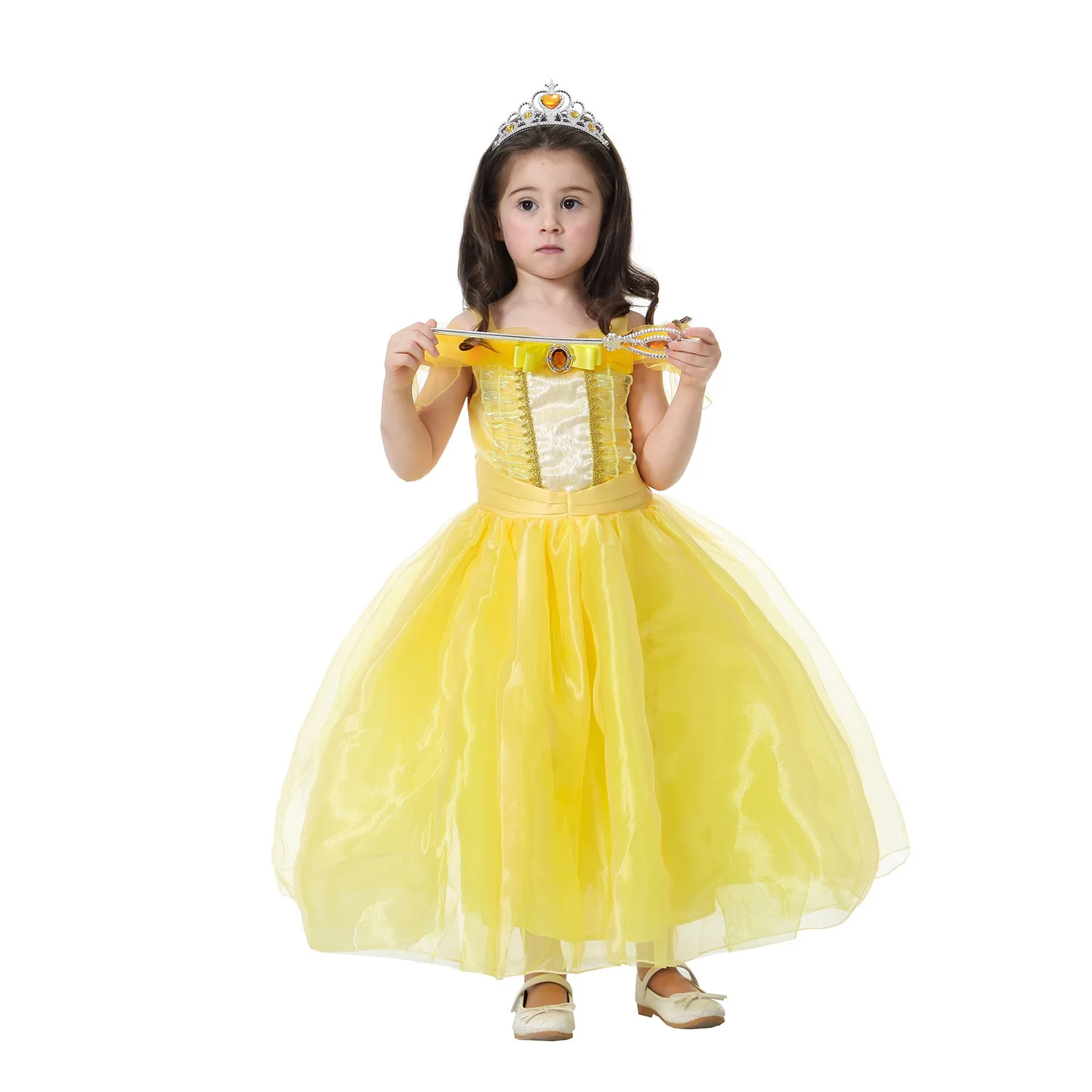 Little Girls Yellow Roses Princess Aurora Belle Costume Dress Off Shoulder Layered up for Halloween Party