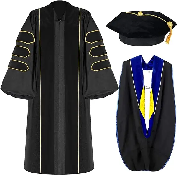 Оптовая продажа, унисекс, роскошное платье для выпускного вечера с золотым окантовкой, платье для выпускного вечера, унисекс, униформа для взрослых из полиэстера, 100%