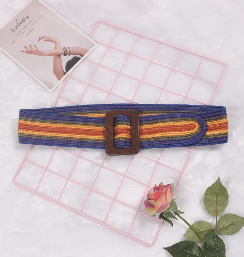  Tourism resort ethnic wind Bohemia patchwork color personality mixed big wood buckle adjustable wide waist sealing belt