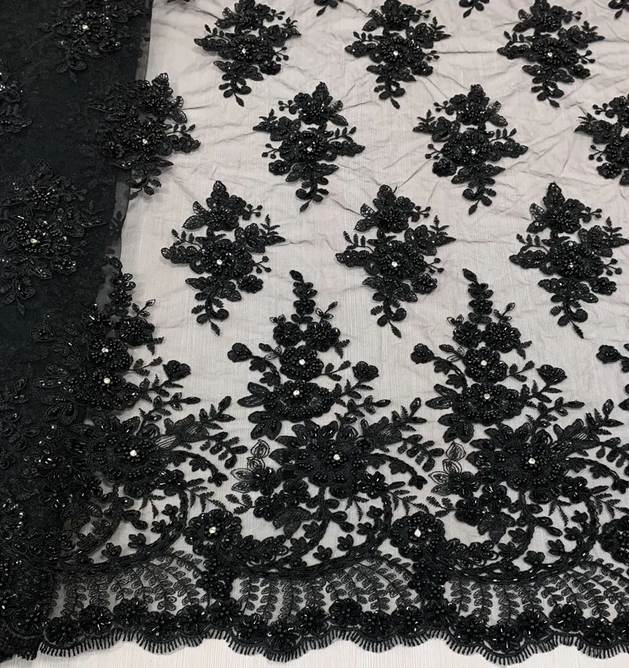best selling black lace fabric with heavy hand beaded rhinestones lace fabric embroidery for dress or party