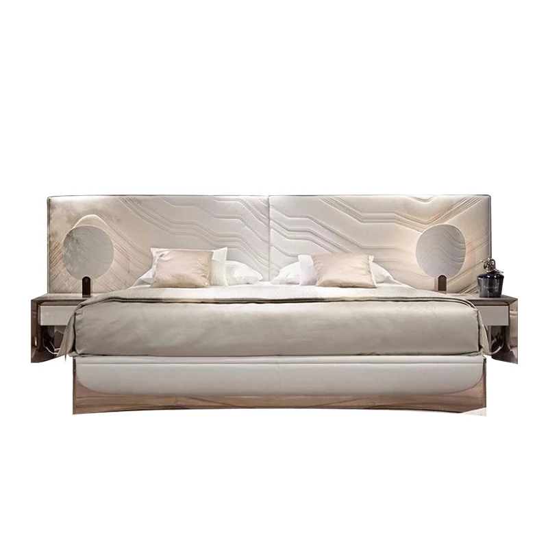 Luxury Bedroom Furniture Modern Upholstered Leather Italian Bed With Extended Headboard King Size White Leather Bed
