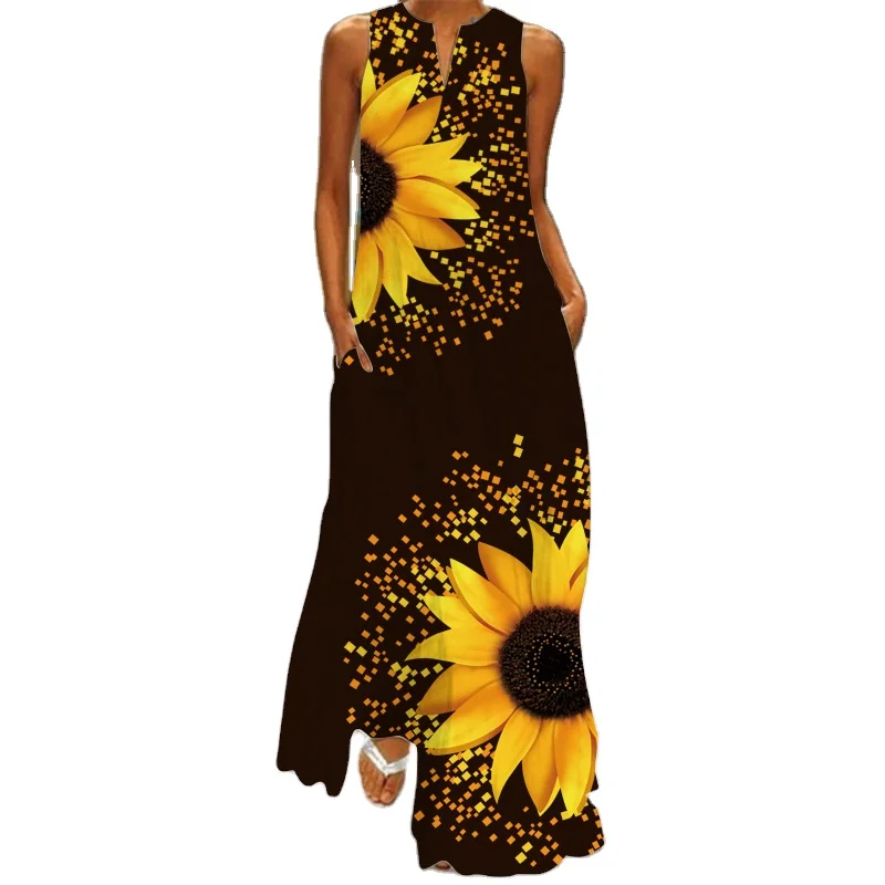 Wholesale 2022 Summer Beach Strap Casual Bohemian Floral Sunflower Maxi Dress With Pockets  Plus Size 5XL