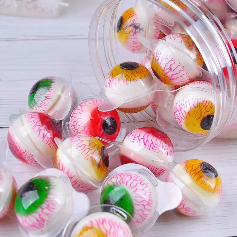 Hot sell wholesale custom halloween bag funny eye gummy sweet OEM fruit taste eyeball shape soft candy