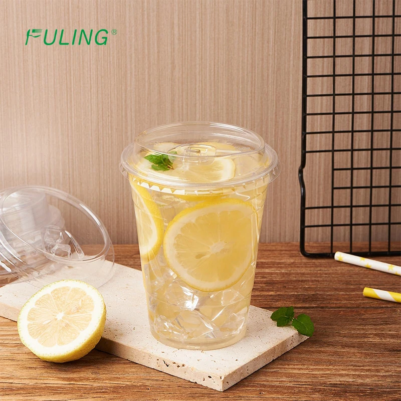 FULING 16oz 98mm clear pet plastic cup strawless sip lid disposable beverage cup for to go drink