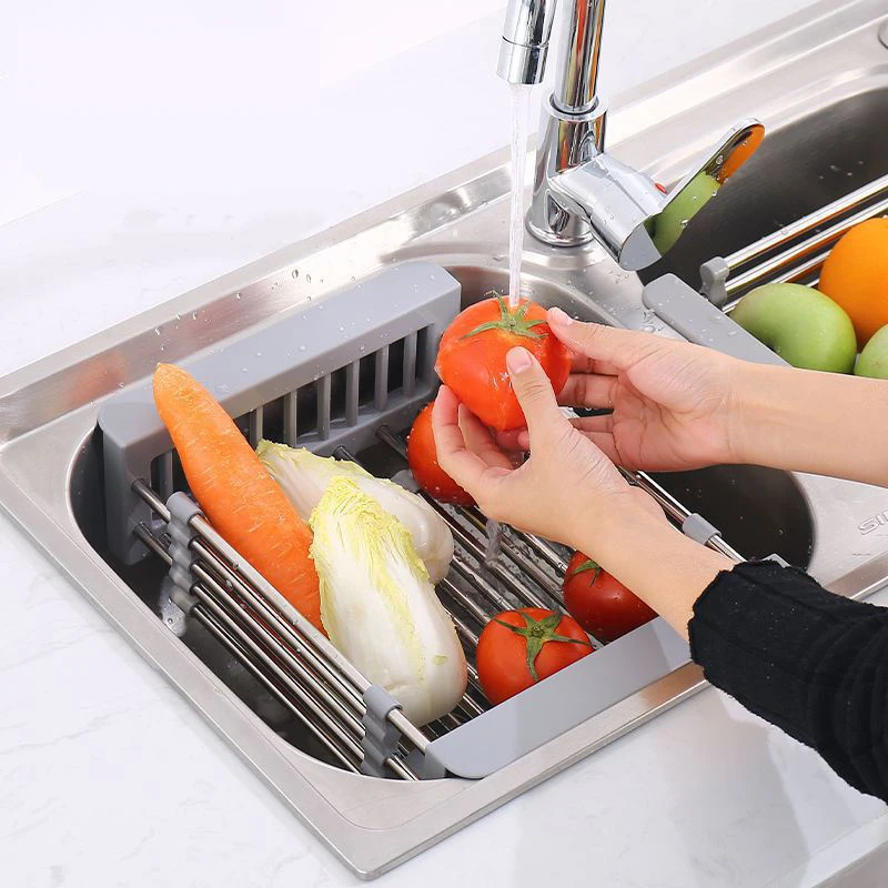 kitchen sink Adjustable Stainless Steel Drainer Basket Strainer Vegetable Fruit Drain rack tableware dtying basket holder