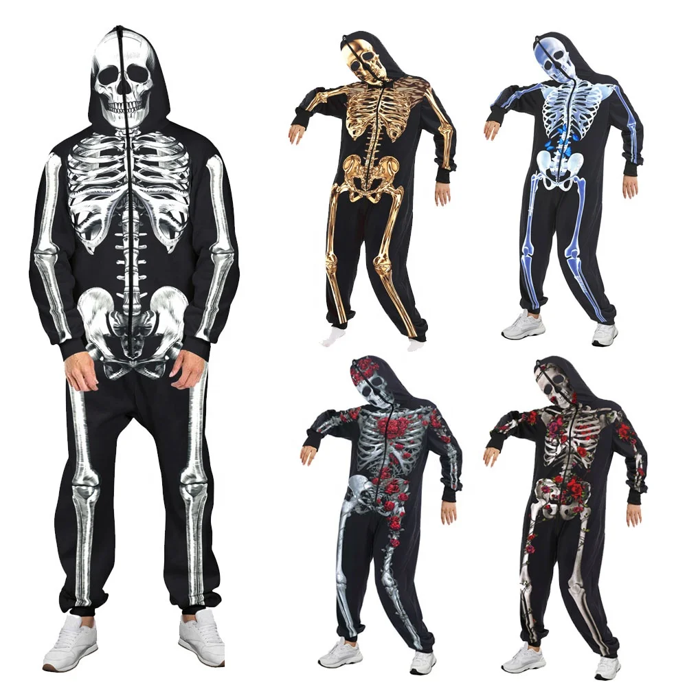 Couple Halloween Women Colorful Red Rose Human Skeleton Homewear Onesie Pajama Adult Kigurumi Hooded Loungewear Costume Outfits