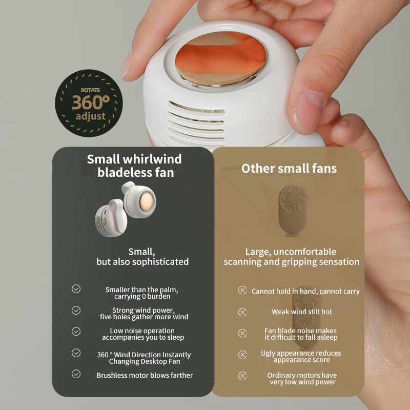 2024 New Fashion Portable Leafless 360 Adjust Mini Fan Custom Colorful Small Rechargeable Wearable Cooling Mini Fan