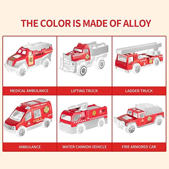 Die-cast Emergency Fire Rescue Vehicle Transport Car Toy Set w/Play Mat, Alloy Metal Fire Truck Toys Set