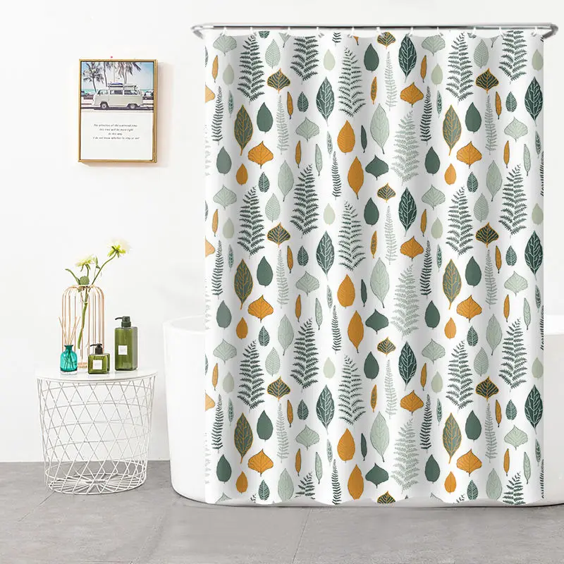 Hot Selling Amazon White Fabric Shower Curtain Liner Green Plant Waterproof Shower Curtain
