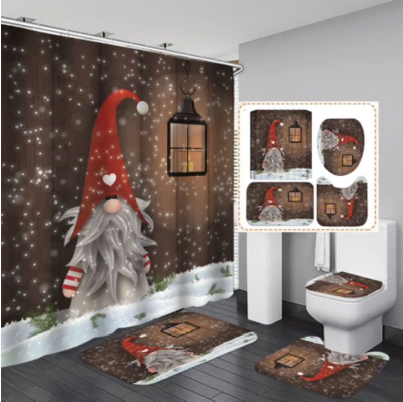 2022 Hot Christmas Waterproof Custom Limited Bathroom Shower Curtain Set With Mats