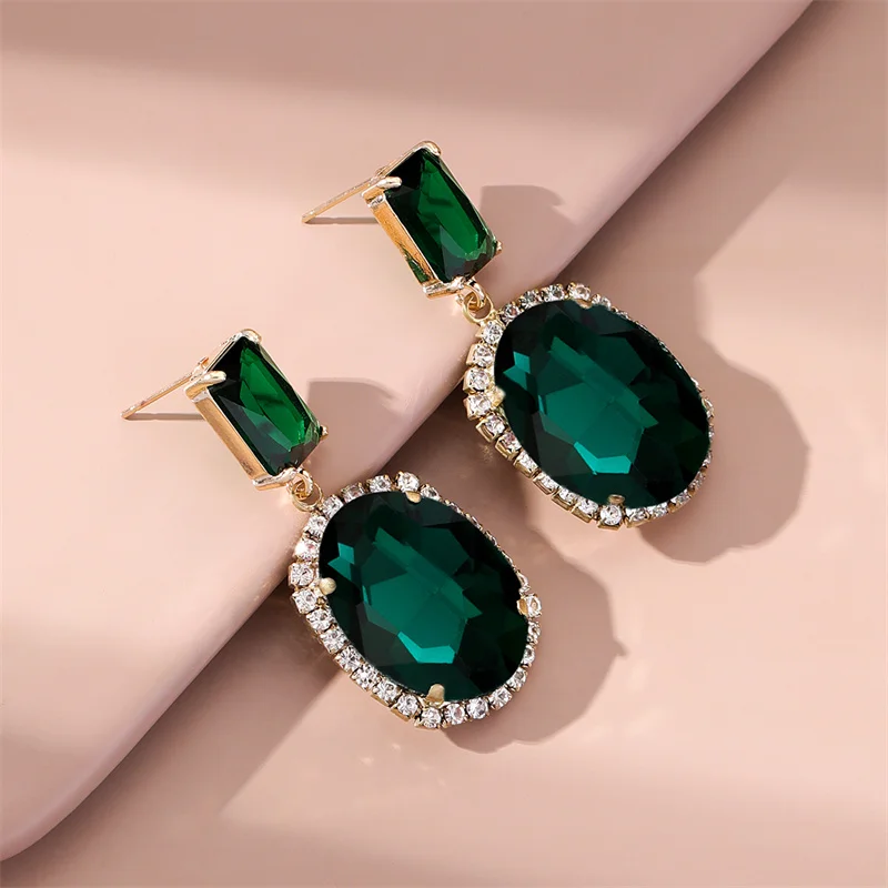 Vintage Circle Zircon Big Emerald Pendant Earrings Green Crystal Jewelry Dangle Earrings For Women
