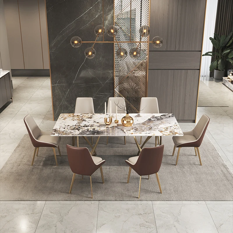 Luxury Modern Design Slab Plate Table Ready Stock Home Family Dinner Table Gold Frame White Slate Top Dining Tables