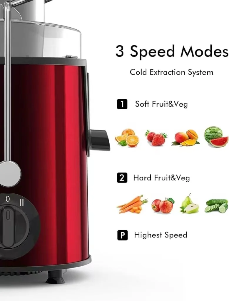 400W Easy Juicer Wide Tank Centrifugal with Smooth Stainless Steel-Red for Fruits and Vegetables BPA Free Easy to Clean