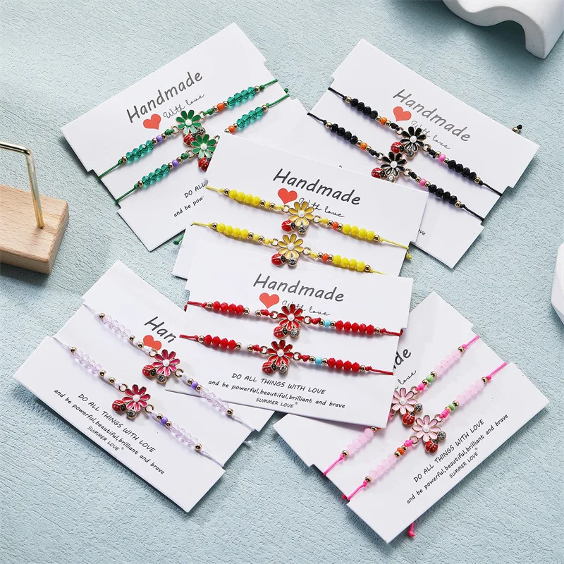 Bestone New Fashion Colorful Daisy Flower Cute Ladybug Seed Beaded Rope Bracelet Braided Adjustable Bracelet for Girls