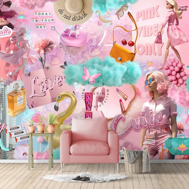 Pink fashion photo collage graffiti wall papers decor wallpaper wall living room 3d
