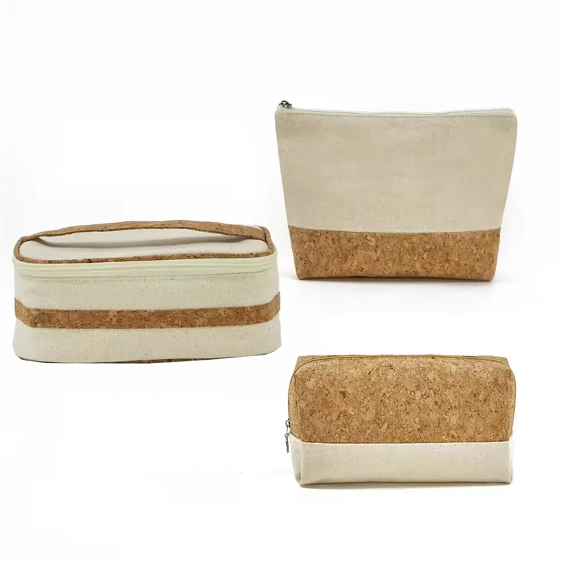 Primary Color Wood Grain Pattern Canvas Travel Toiletries Storage Bag Set Eco-friendly Cork Cosmetic Bag