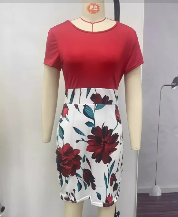 Hot Sales Plus Size Womens Clothes Women Casual Dress Lady Elegant Dresses Women Short Sleeve  Floral Dress