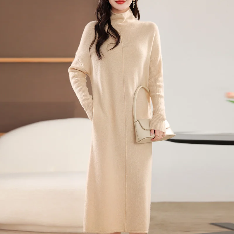 Hot-selling Loose Turtleneck Fashion Ladies Casual Pure Wool Sweater Dress Winter