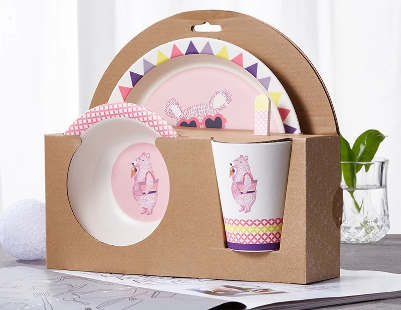 Recycled Plastic rPET Kids Dinnerware Set Includes Plate, Bowl, Tumbler and Utensil Tableware 5 Piece Set, Non-BPA