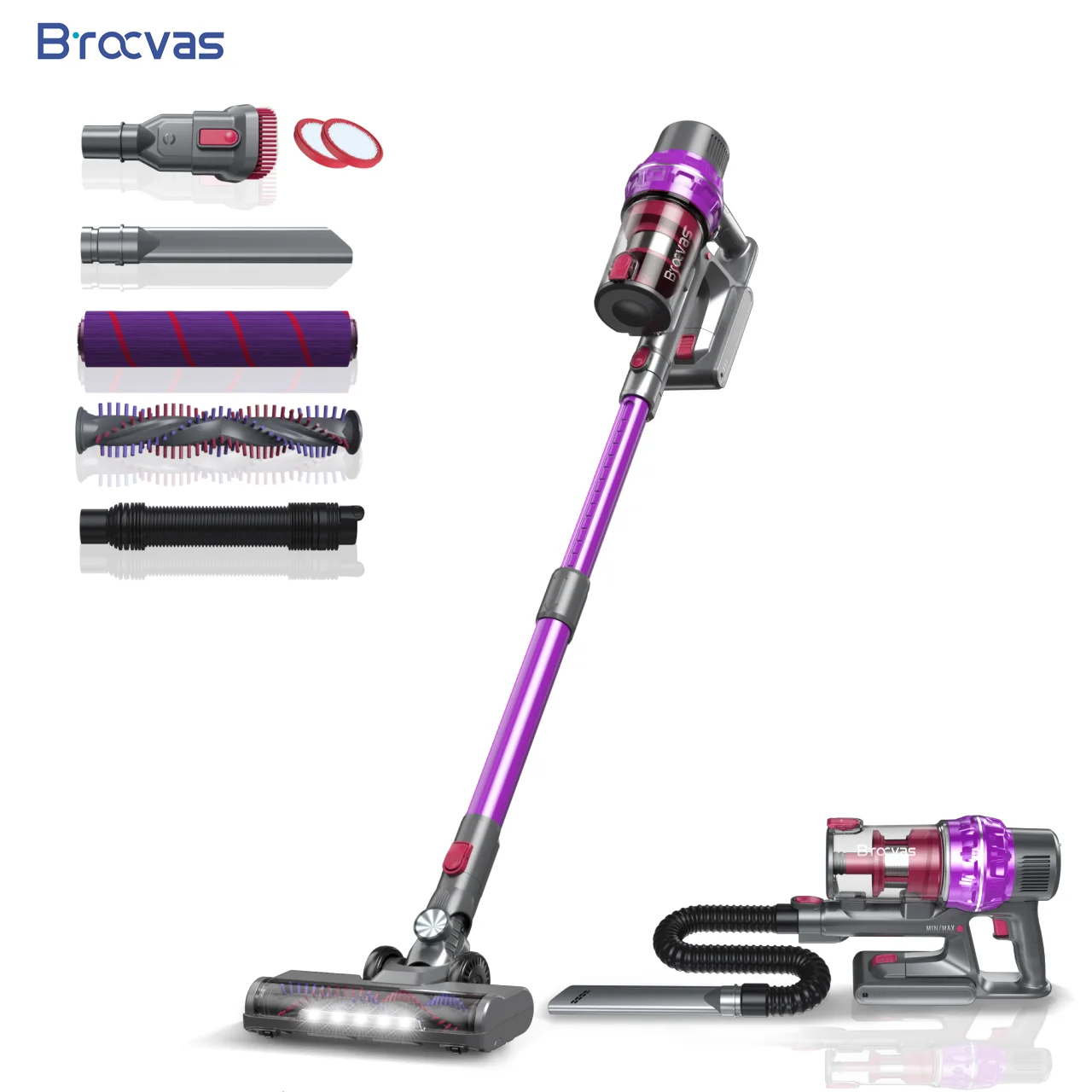 BROCVAS USA in stock portable 5pcs LED headlight extend tube stick floor cleaingcordless vacuum with removable battery