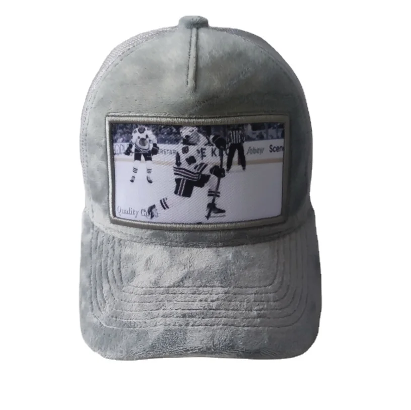 Front printing picture 5 panel black velvet trucker cap with custom patch