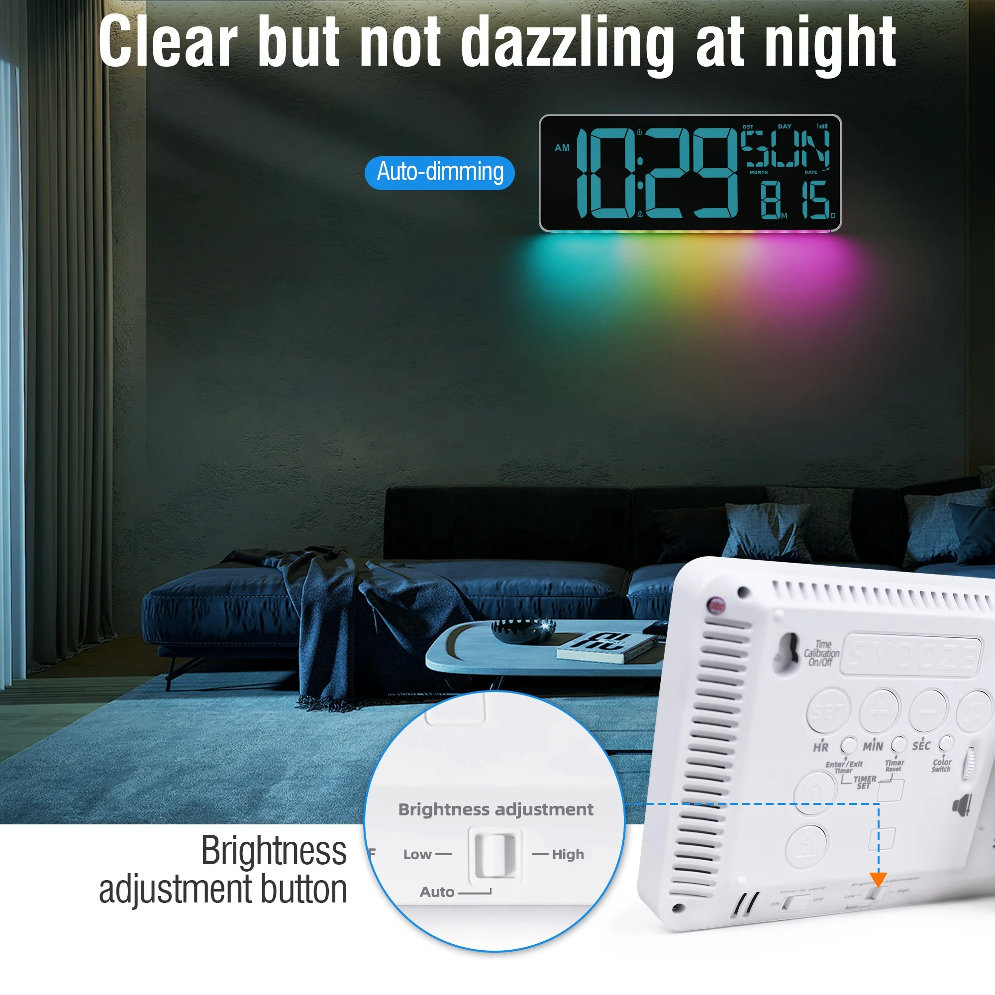 Mobile Phone Bluetooth Connection One-Key Time Synchronization RGB  LED Wall Clock Color Changing Alarm Clock with Sunrise