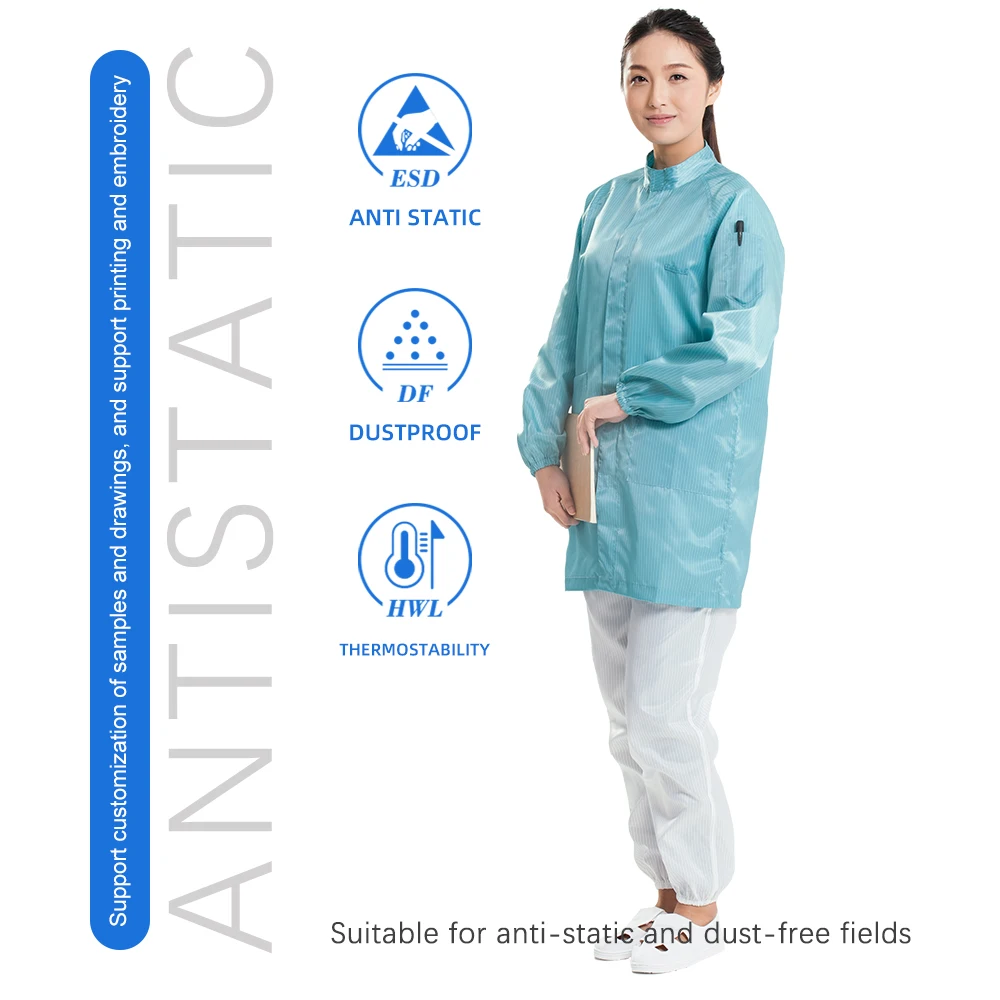 Stand collar zipper big pockets washable  ESD smock anti static work clothes