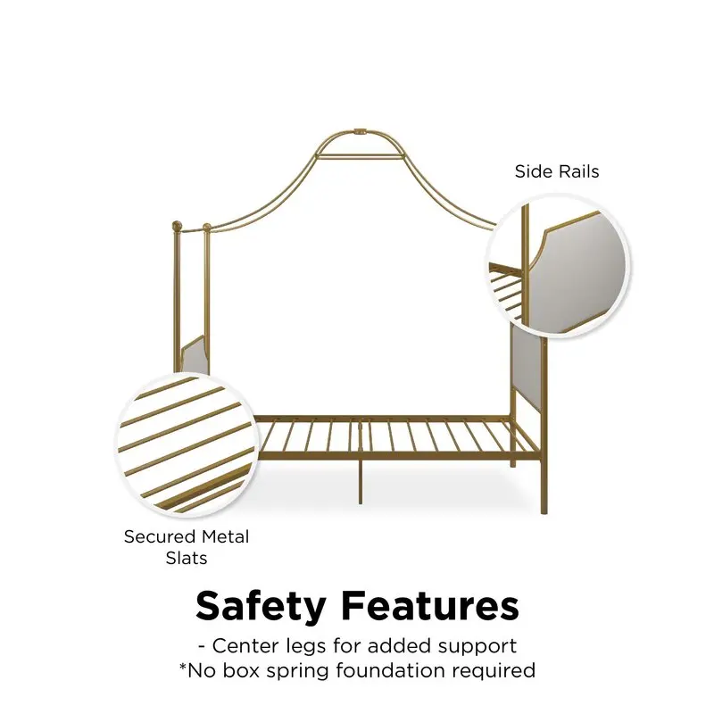 Luxury Queen King Twin Modern 4 Poster Bed with Upholstered Headboard Gold Canopy Bed Frame