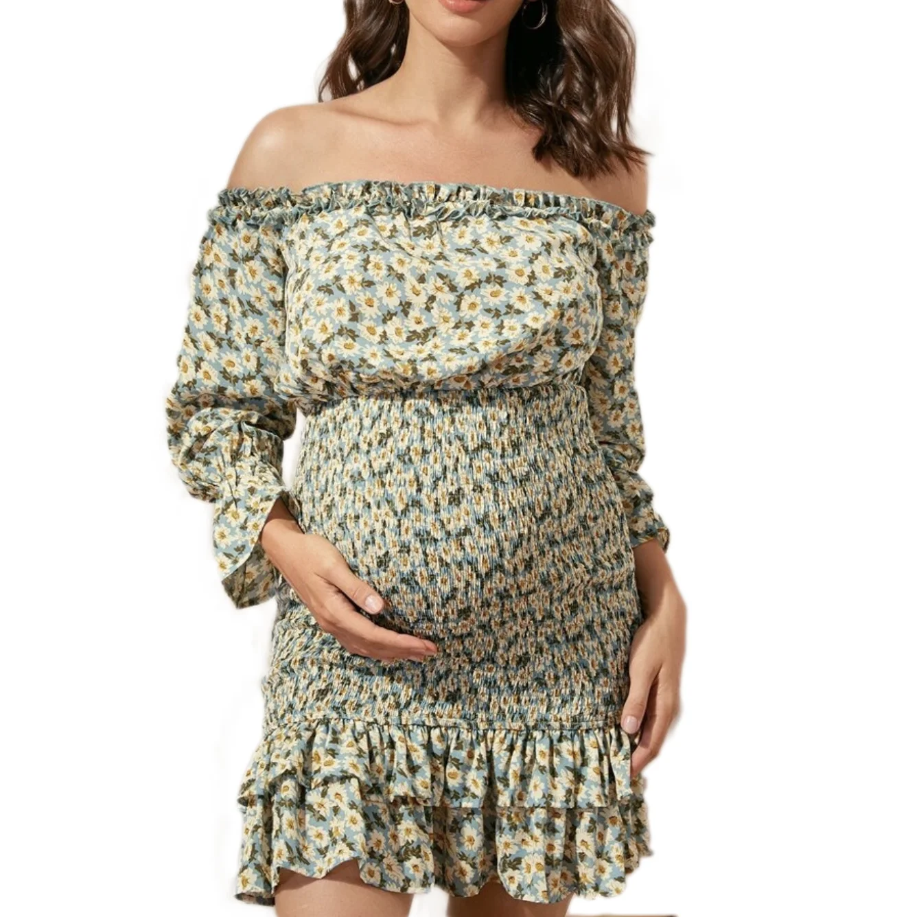 
Hot Selling Beauty Floral Print Flounce Sleeve Ruffle Off Shoulder Pregnant Maternity Outerwear Dresses 
