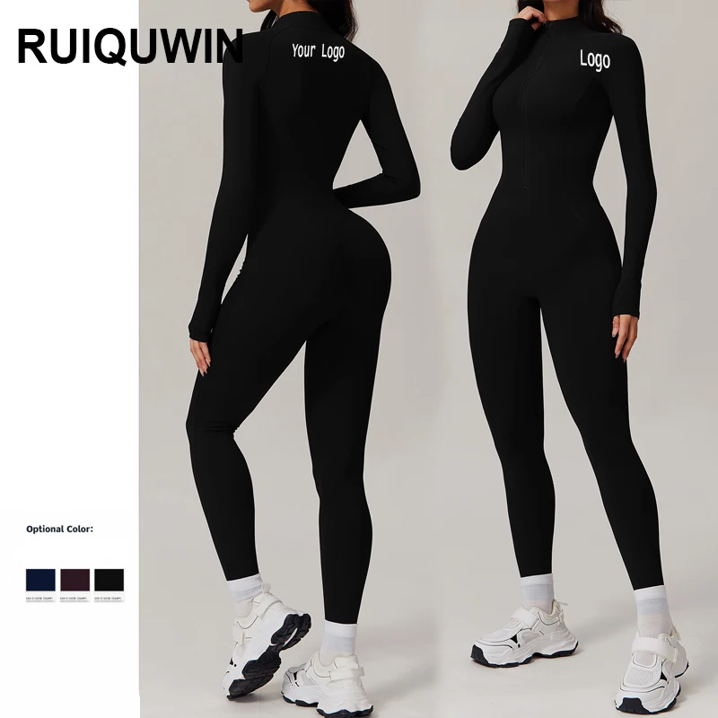 RUIQUWIN 2025 Новый цельный комбинезон для йоги на молнии с длинным рукавом спортивный фитнеса тренажерный зал тренировочные комплекты женщин