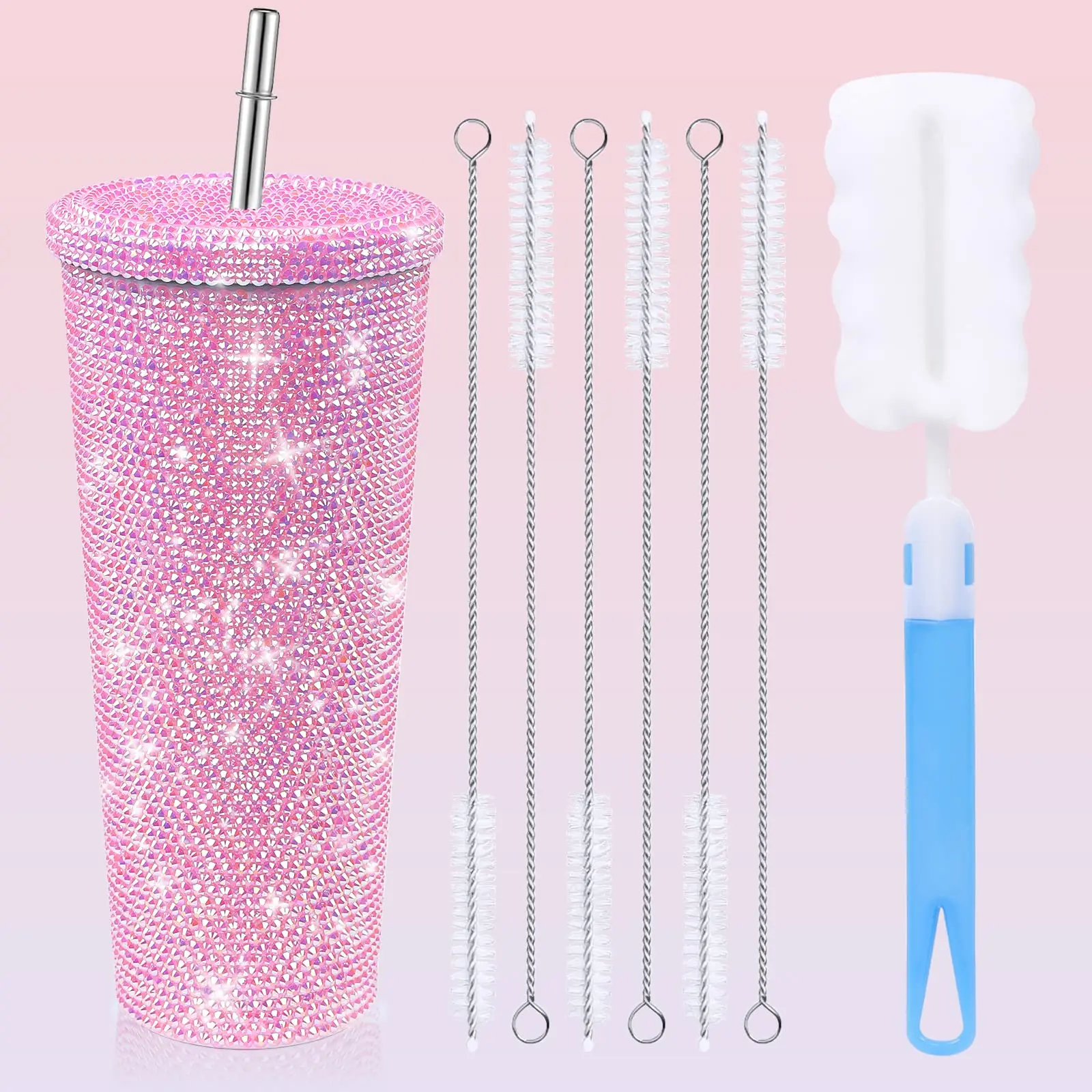 2023 fashion rhinestone shiny double wall stainless steel vacuum insulated tumbler sippy straw cup travel coffee mug