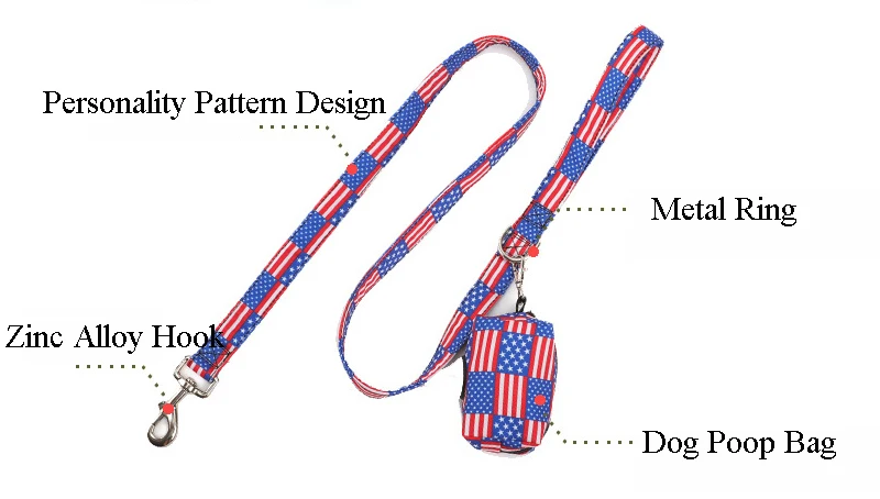 Wholesale Custom Pet Dog Harness USA Flags Medium Small Reflective Pet Dog Harness Vest and Leash with Poop Bag