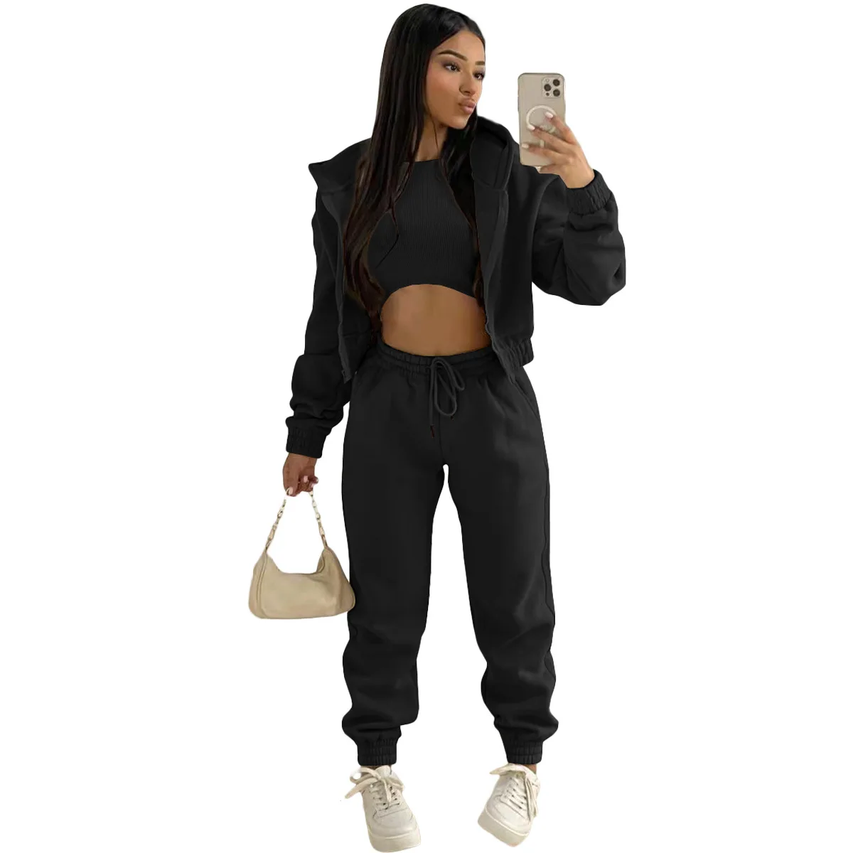 Ladies Active wear sets three piece sets tank top sweatpants matching jackets tracksuits sets hoodies long sweatpants spring