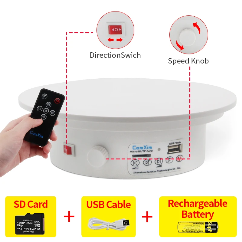 Factory Wholesale 25 cm 9.8 inch 10 kg Load Rechargeable Rotating Display Turntable with Music Box for Live Sale