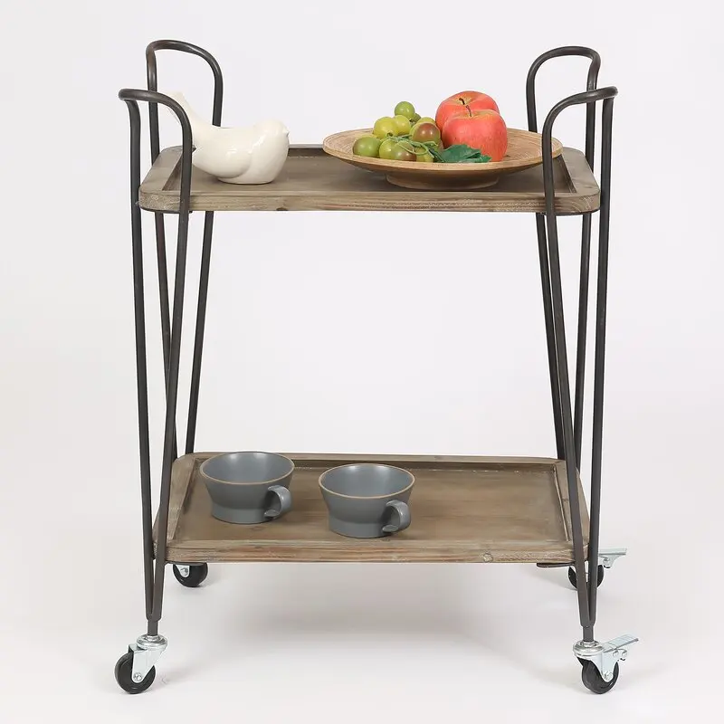 Black Bar Cart Serving Wheels Trolley Metal Frame Wooden 2 Tier Outdoor Bar Cart