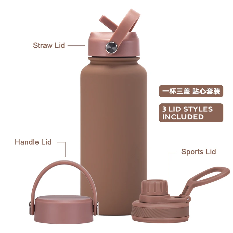 Double Wall Stainless Steel Vacuum Bottle with Three Different Lid Sports Lid and Straw Lid Vacuum Flask Customized Acceptable