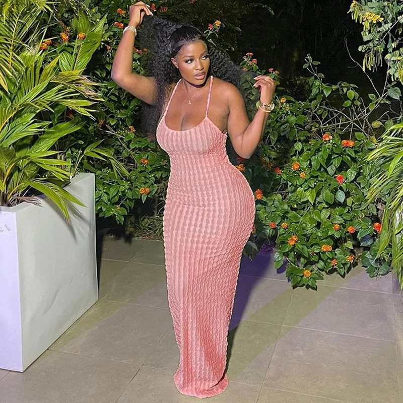 X1383 - fashion trendy plain floor length bandage halter backless sleeveless elegant casual dresses