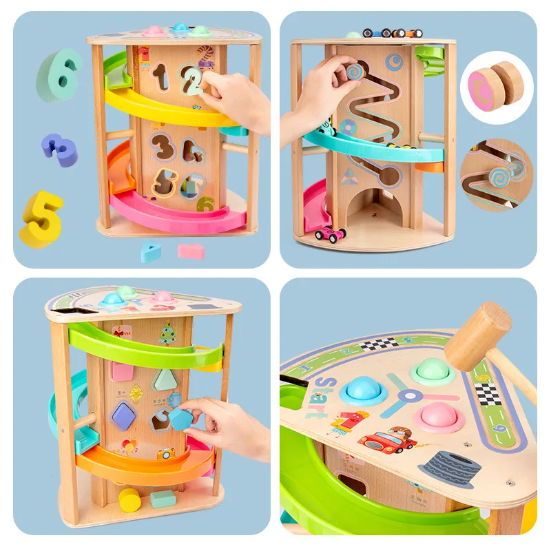 Wooden Early Education Knocking Ball Matching Game Toys Gift Baby Puzzle Track SlidingMultifunctional Rotating Track Slide Car