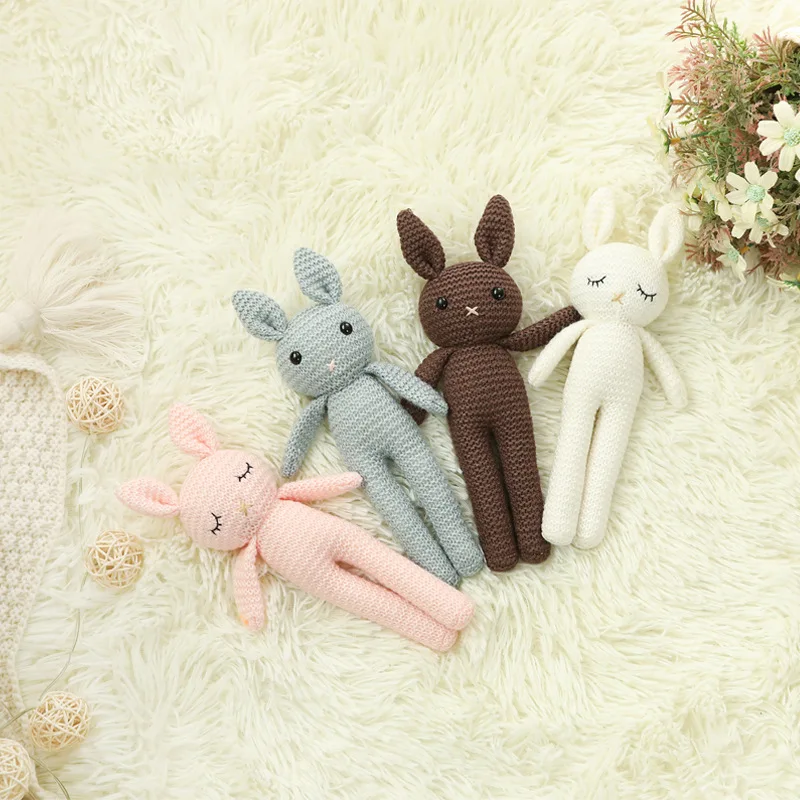 Hot selling Custom Chewable Toys Crochet Rabbit Baby Wooden Teether Ring Rattle Toy Kids Amigurumis Animal rattle toy
