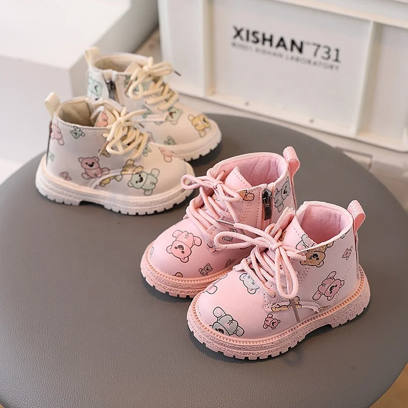 2024 fall and winter new two cotton warm female baby thin velvet lace-up leather boots boys mid-top boots cute bear short boots
