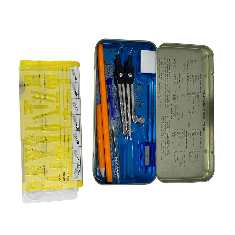 12 PCS Compass Math Set Iron Box Instruments Mathematical Ruler Geometry Set For Geometry Box