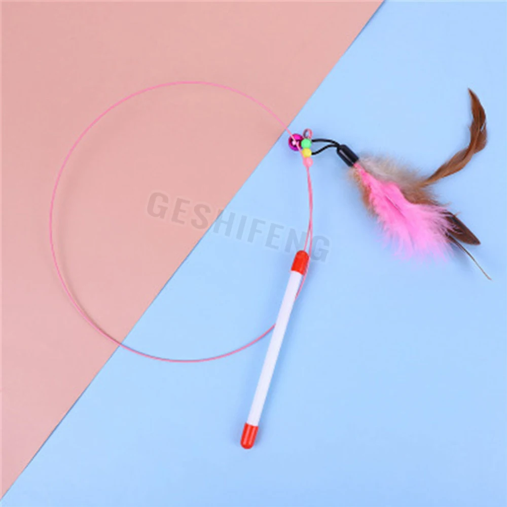 Interactive Feathered Cat Teaser Stick with Bell Friendly Funny Feather Pet Toys Steel wire spring Cat teasing stick