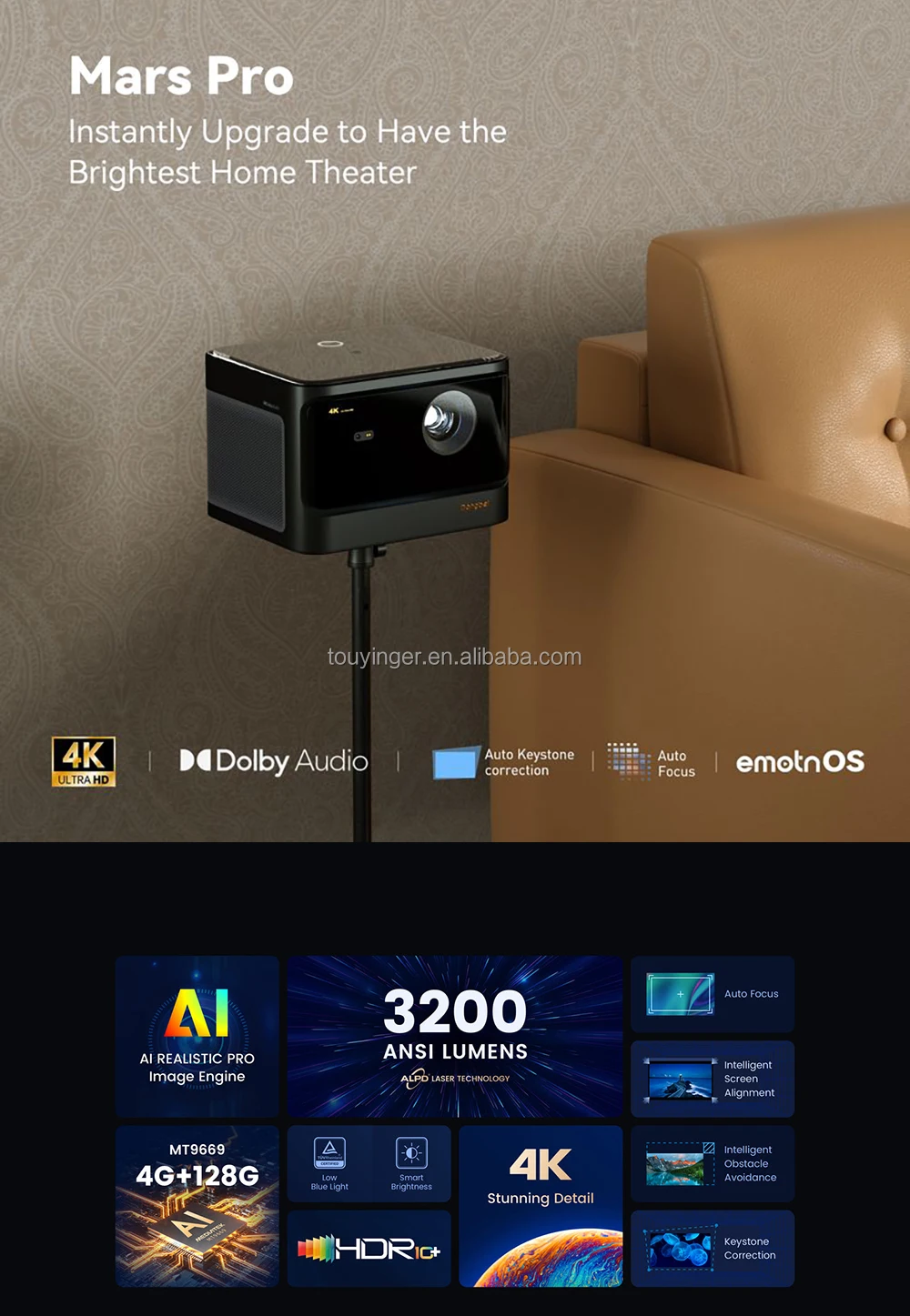 OEM/ODM Dangbei Mars Pro 4K 3200 ANSI lumens laser projector with 3D sexy film video xxx adult projector