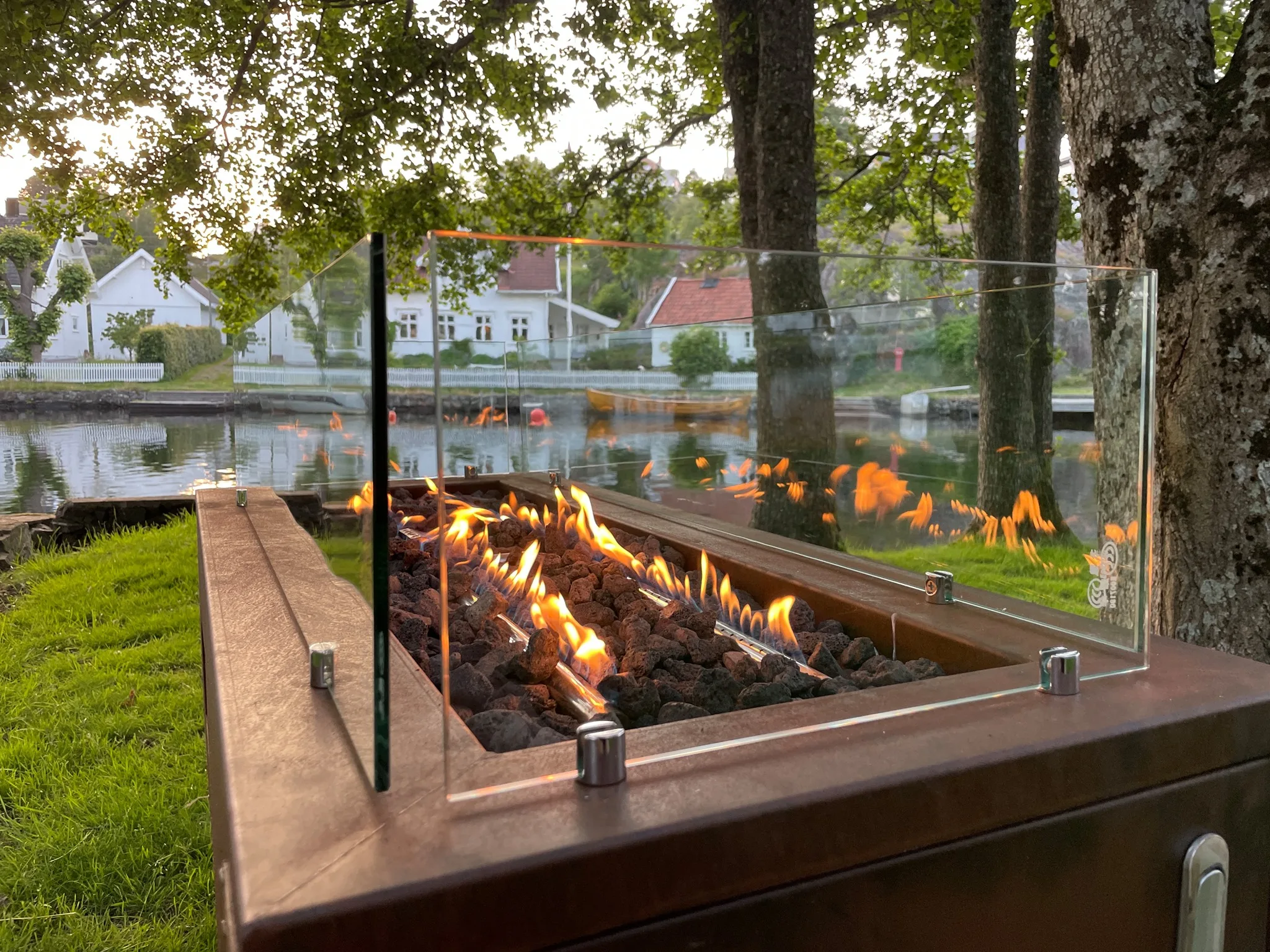 Large square Corten steel metal outdoor gas fire pit