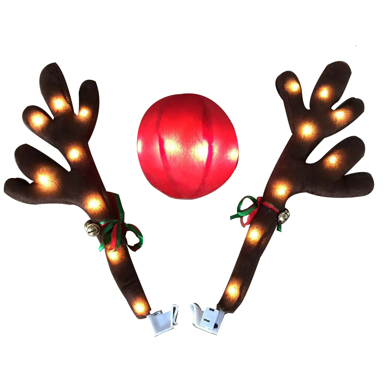 Car Reindeer Antler with Light Christmas Car Decor Kit Rudolph Reindeer and Red Nose for Car Christmas Decorations