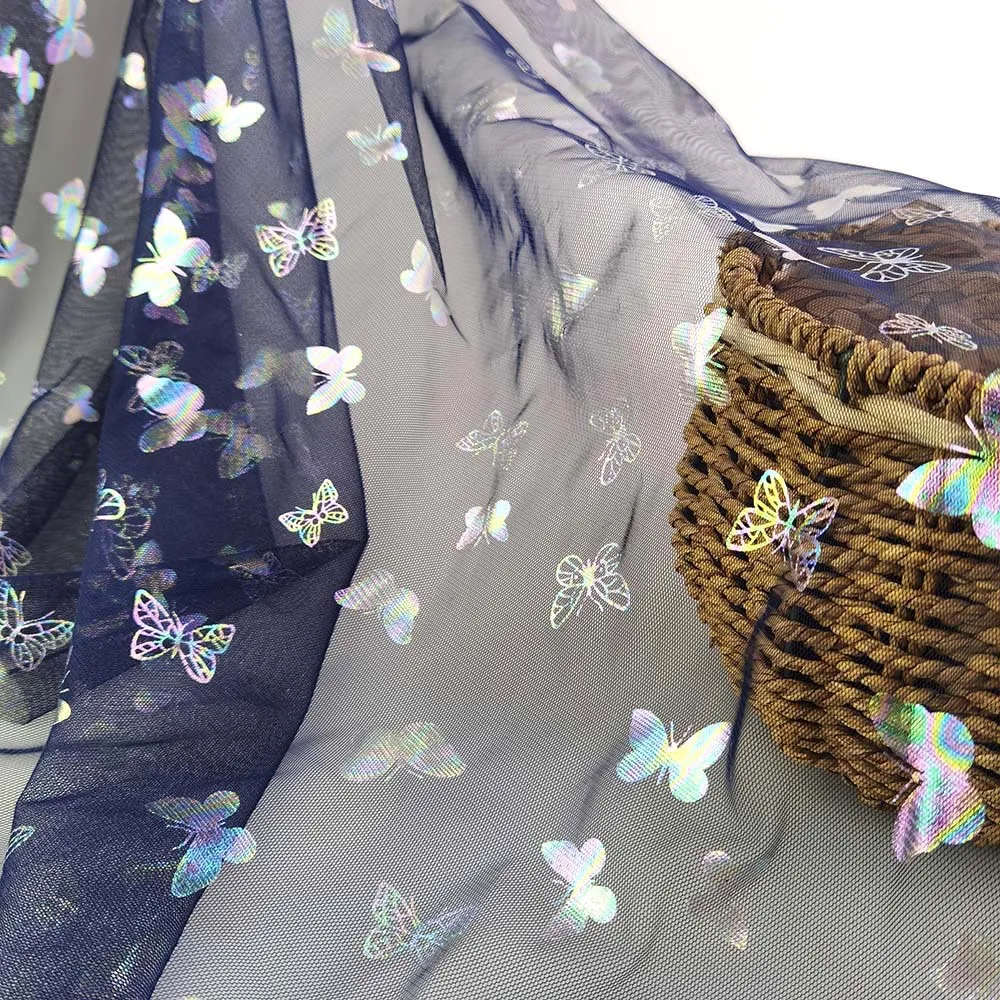 Spring and Summer New Design Gradually Flocking Colorful Butterfly Printed Tulle Gilding Gauze Mesh Fabric for Wedding Dress