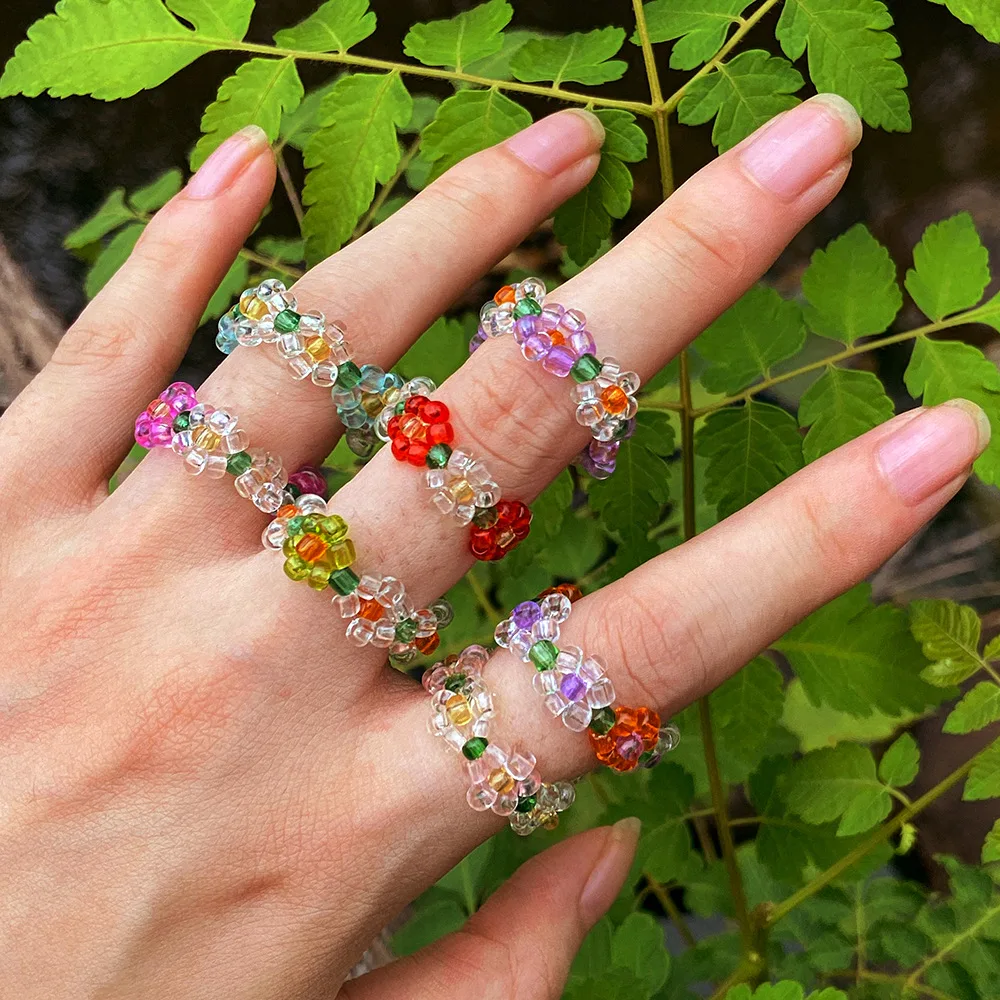 Fashion Resin Seeds Beads Flower Elastic Rings Women Sweet Colorful Adjustable Finger Ring Funny Summer Jewelry For Gifts