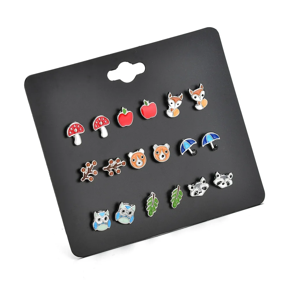 
9 Pairs/Set Plant Fruit Animal Stud Earrings For Mix Gifts Women Girls Kids Jewelry Cute Earring Set 