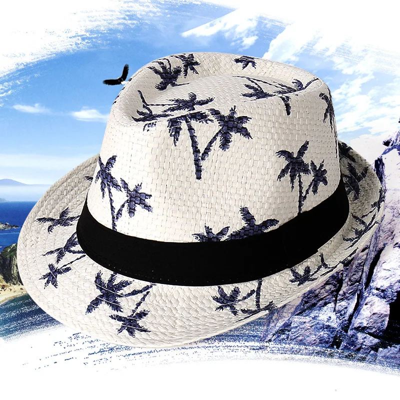 Beach Coconut Palm Printed Fedora Straw Hat for Men Boys Sun Protection Printing Summer Jazz Hat