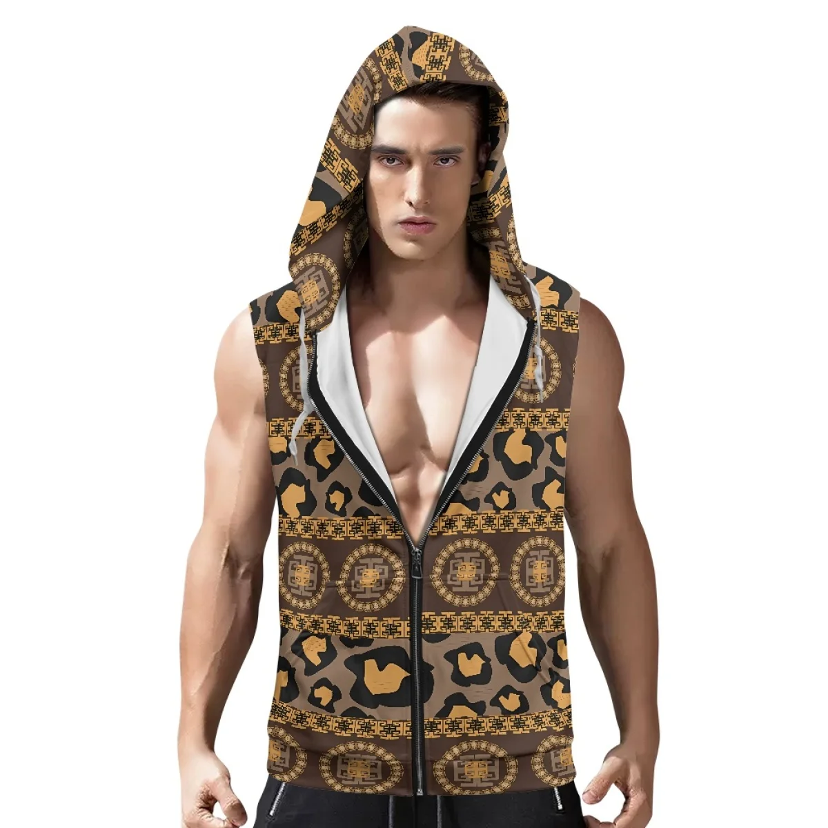 SPOWATRIY TM Aztec Style Customization Designed Tank Top Hoodie Polyester Casual Summer Sportswear Sleeveless Vest Zipper Hoodie